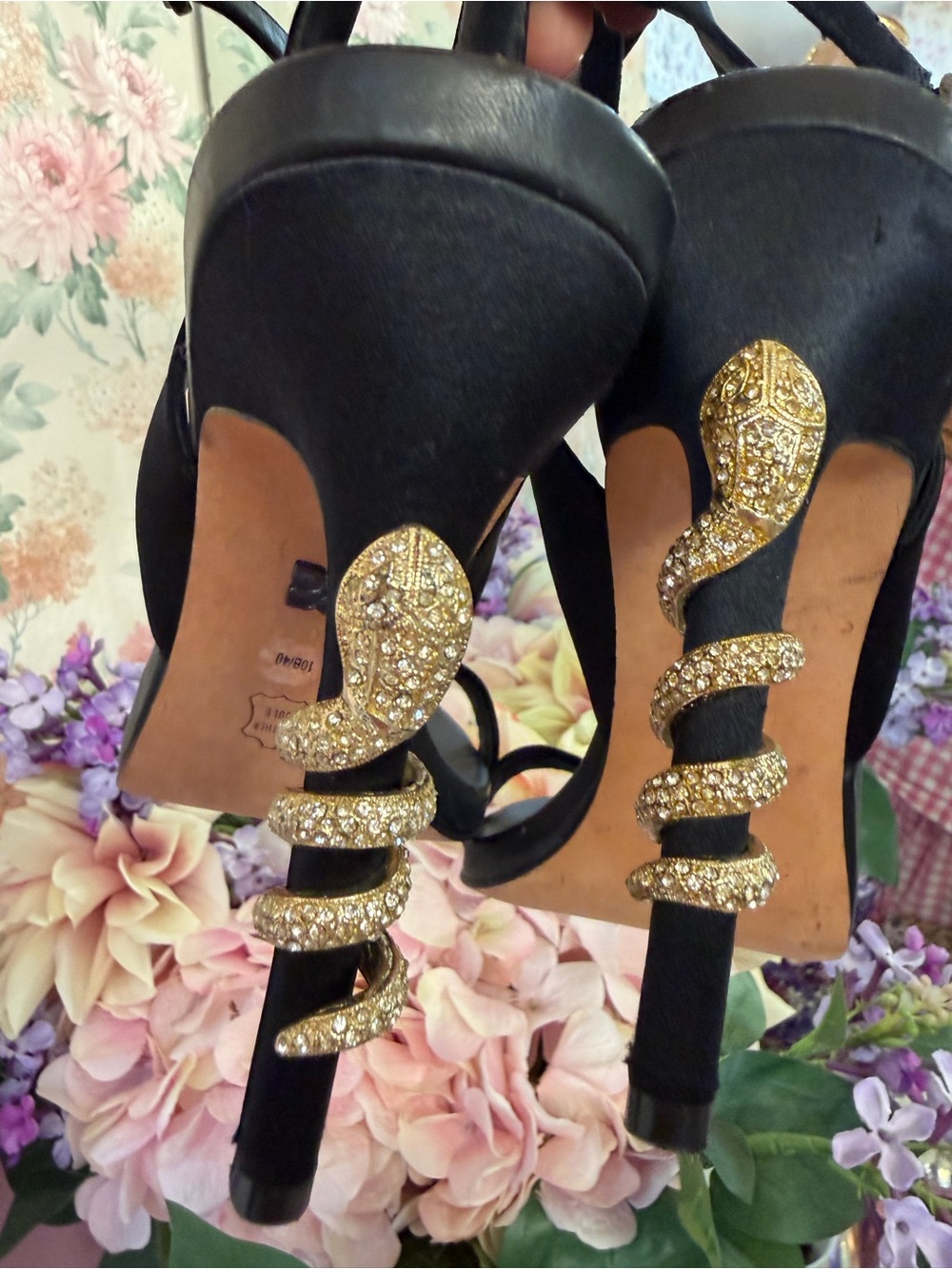 BCBGMaxAzria Black Strappy High Heels with Gold Embellished Heel - Picture 2 of 7